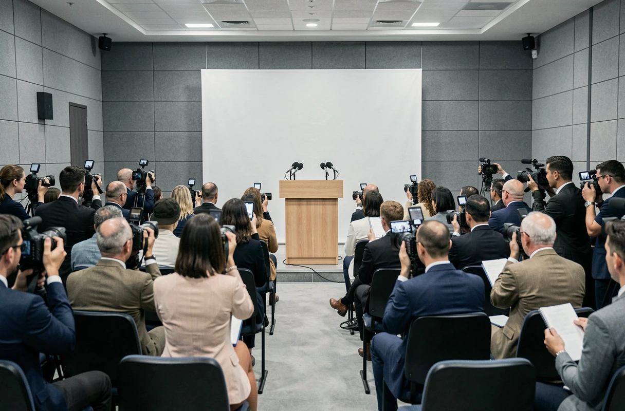Salle de conférence de presse avec des journalistes et un podium vide illustrant la curiosité médiatique et la frontière entre vie publique et vie privée