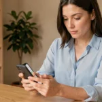 Femme configurant la messagerie académique de Toulouse sur un smartphone Android dans un bureau à domicile