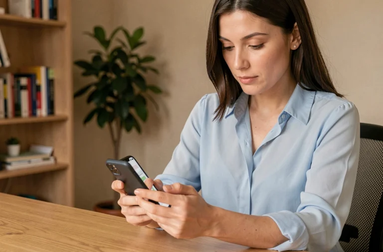 Femme configurant la messagerie académique de Toulouse sur un smartphone Android dans un bureau à domicile