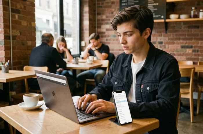 Personne configurant la messagerie académique Toulouse sur smartphone et ordinateur portable dans un café