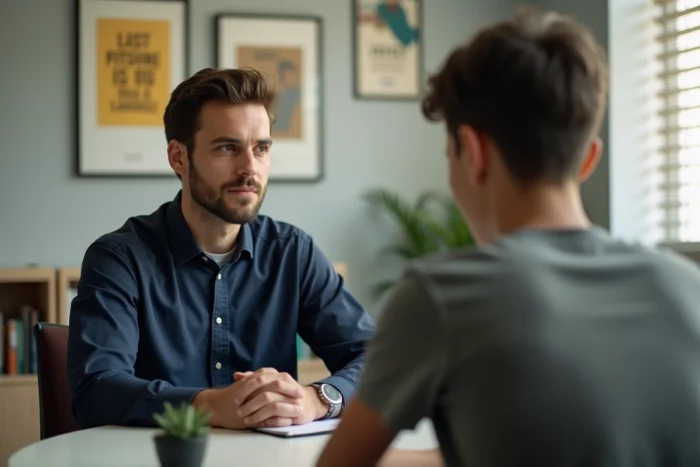 Conseiller scolaire en entretien bienveillant avec un adolescent dans un bureau scolaire, illustrant l'accompagnement des jeunes face aux difficultés
