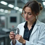 Responsable qualité inspectant une pièce métallique avec un pied à coulisse dans une usine moderne