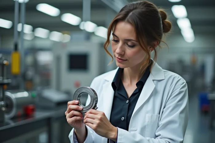 Responsable qualité inspectant une pièce métallique avec un pied à coulisse dans une usine moderne