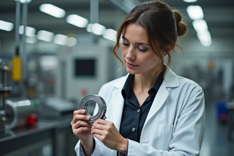 Responsable qualité inspectant une pièce métallique avec un pied à coulisse dans une usine moderne