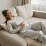 Femme en convalescence après salpingectomie allongée sur un canapé, se reposant avec une main posée sur l'abdomen