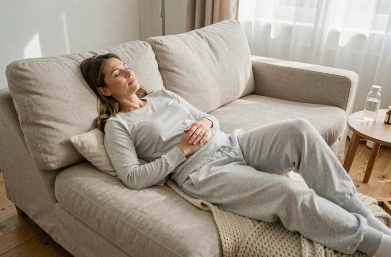 Femme en convalescence après salpingectomie allongée sur un canapé, se reposant avec une main posée sur l'abdomen