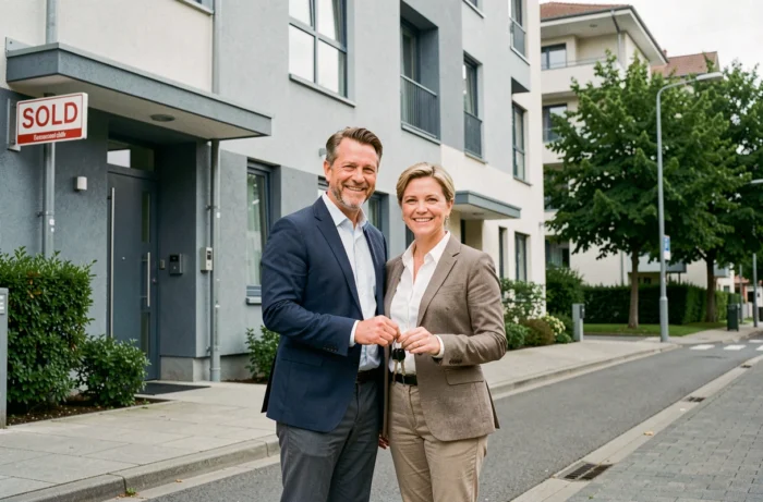 Couple devant leur nouveau logement financé par un prêt immobilier Casden en 2026