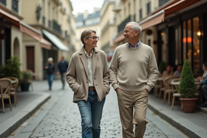 Couple élégant se promenant dans une rue pavée parisienne, symbole d'une vie de couple publique sous les regards médiatiques