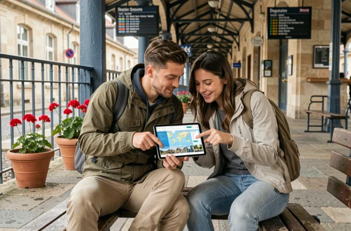 Couple de voyageurs consultant un plan de site de voyage sur tablette dans une gare provinciale européenne