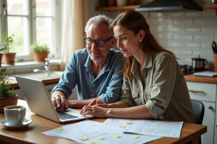 Un couple planifie et optimise le budget de leurs travaux de rénovation sur ordinateur portable entouré de devis et de notes