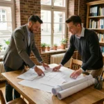 Couple belge examinant des plans immobiliers et des documents sur une table en bois dans une maison de ville avec murs en briques apparentes