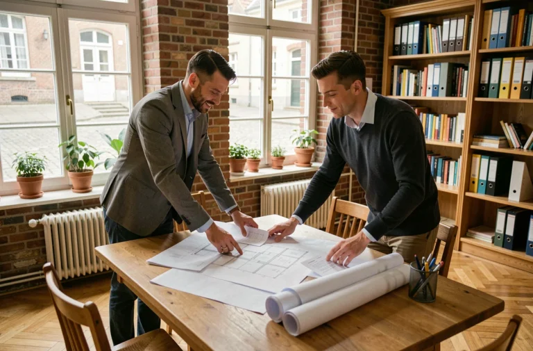 Couple belge examinant des plans immobiliers et des documents sur une table en bois dans une maison de ville avec murs en briques apparentes