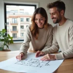 Couple étudiant des plans immobiliers sur une table en bois dans un appartement moderne pour un projet d'achat immobilier