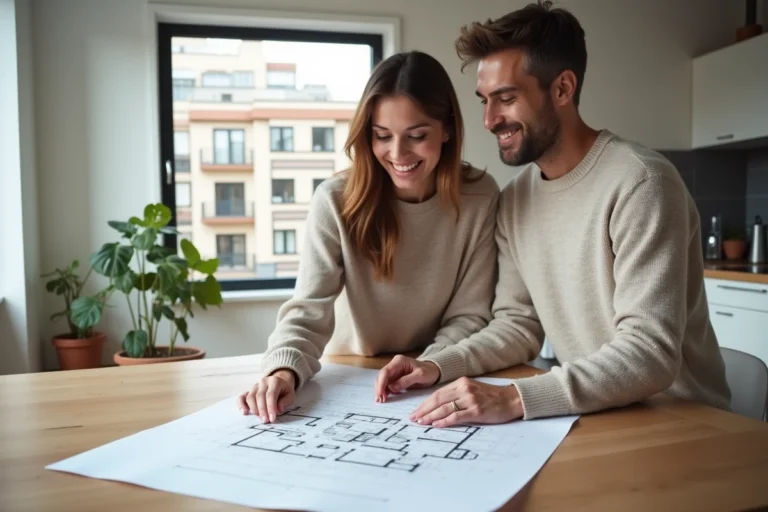 Couple étudiant des plans immobiliers sur une table en bois dans un appartement moderne pour un projet d'achat immobilier