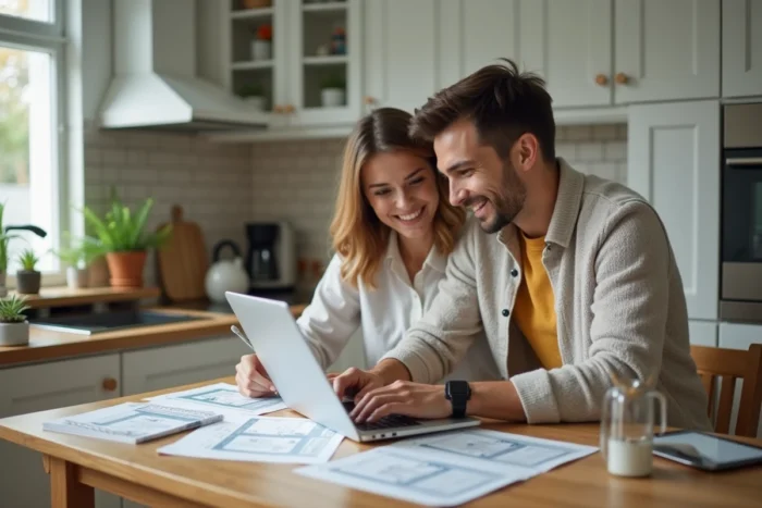 Couple consultant des annonces immobilières sur un ordinateur portable dans une cuisine moderne