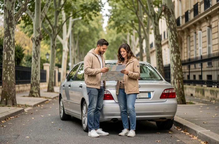 Couple cherchant un parking gratuit dans une rue calme proche du château de Versailles avec une carte et un smartphone