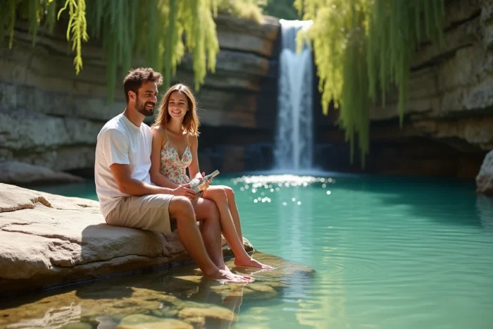 Couple se reposant au bord de la vasque naturelle de la cascade du Lez, pieds dans l'eau claire au milieu des rochers calcaires