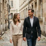 Couple marchant côte à côte dans une rue pavée en pierre, capturé en style documentaire respectueux, illustrant la vie privée et le droit à l'image des personnalités publiques