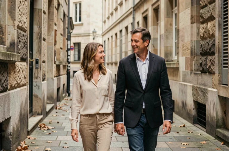 Couple marchant côte à côte dans une rue pavée en pierre, capturé en style documentaire respectueux, illustrant la vie privée et le droit à l'image des personnalités publiques