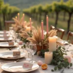 Table de mariage champêtre décorée de pampa, eucalyptus et bougeoirs en terre cuite dans un vignoble provençal