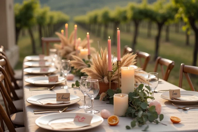 Table de mariage champêtre décorée de pampa, eucalyptus et bougeoirs en terre cuite dans un vignoble provençal