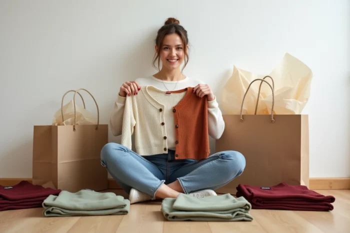 Femme découvrant ses achats mode de saison entourée de vêtements colorés sur le sol d'un appartement moderne