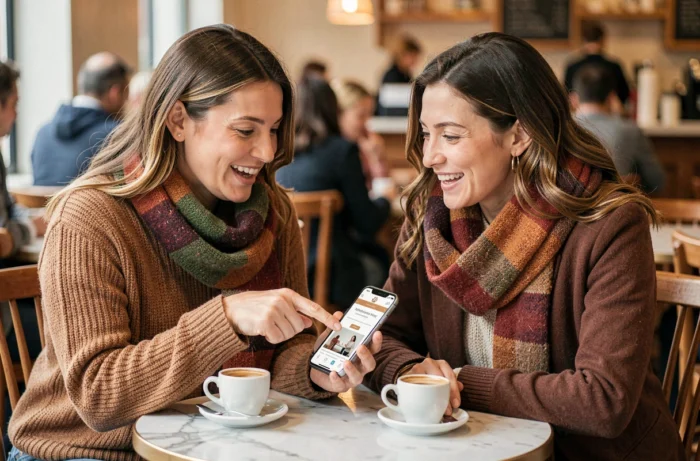 Deux mamans discutant des rubriques d'un site parental autour d'un café en terrasse