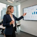 Dirigeante d'entreprise présentant des indicateurs de performance à son équipe dans une salle de conférence moderne