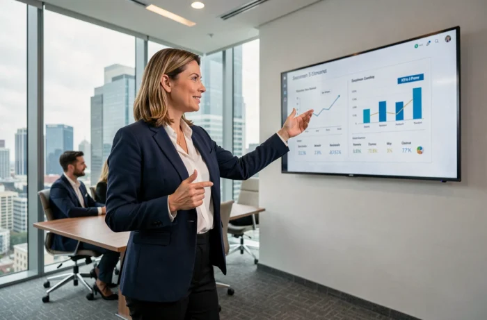 Dirigeante d'entreprise présentant des indicateurs de performance à son équipe dans une salle de conférence moderne