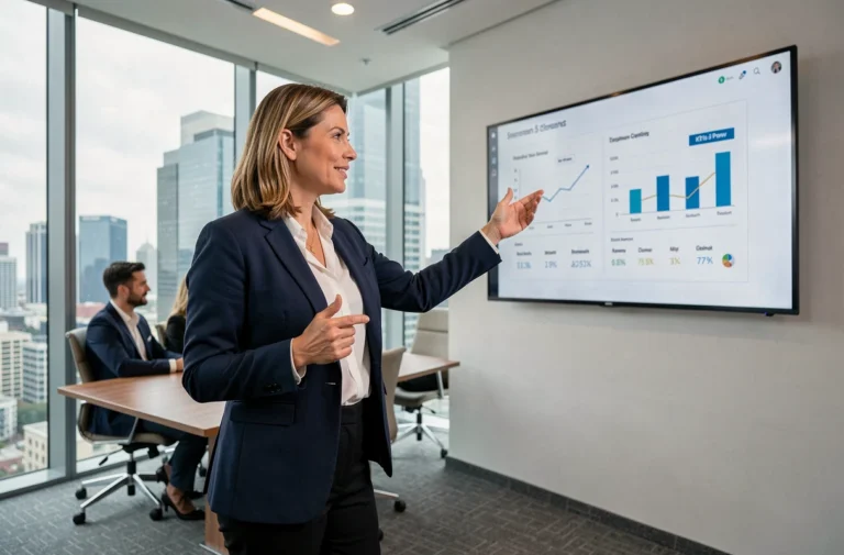 Dirigeante d'entreprise présentant des indicateurs de performance à son équipe dans une salle de conférence moderne