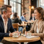 Deux professionnels belges en réunion de découverte dans un café branché de Bruxelles, illustrant le networking professionnel en face-à-face