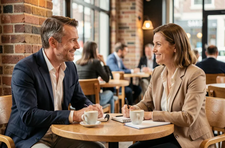 Deux professionnels belges en réunion de découverte dans un café branché de Bruxelles, illustrant le networking professionnel en face-à-face