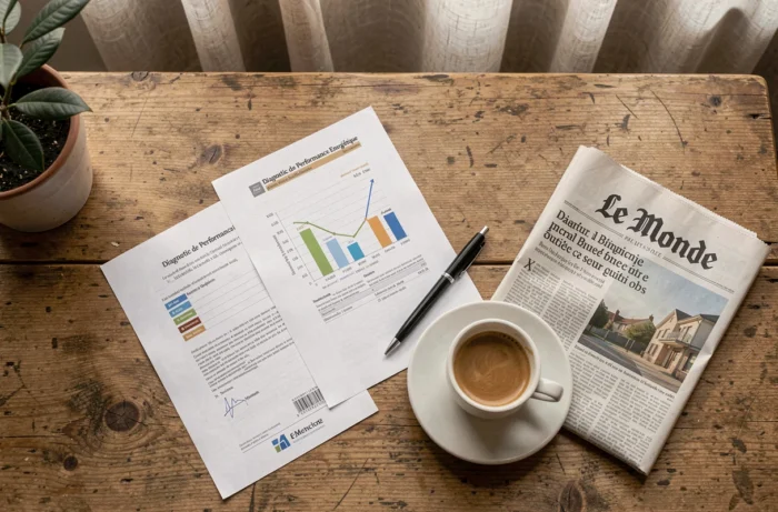 Documents du marché immobilier français sur un bureau en bois, diagnostic énergétique et graphiques de prix
