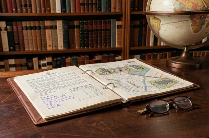 Documents financiers et carte de propriétés foncières posés sur un bureau en acajou dans une bibliothèque privée, illustrant l'enquête sur le patrimoine d'une personnalité politique française