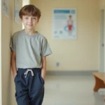 Enfant de 11 ans en bonne santé debout dans un couloir de clinique pédiatrique, illustrant la croissance et la morphologie typique à cet âge