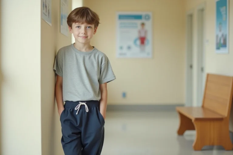 Enfant de 11 ans en bonne santé debout dans un couloir de clinique pédiatrique, illustrant la croissance et la morphologie typique à cet âge