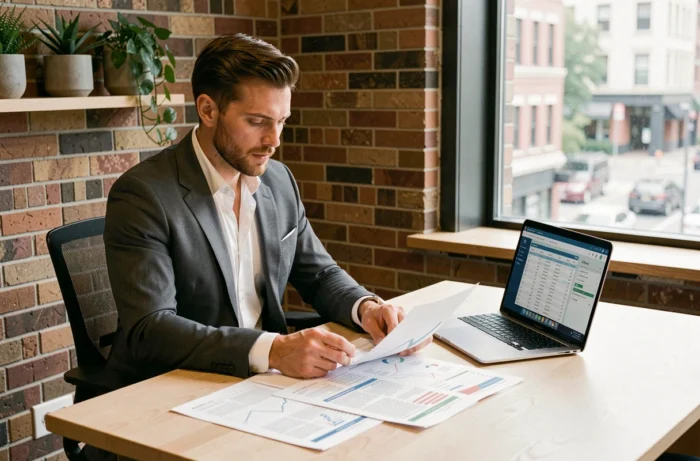 Entrepreneur concentré analysant des rapports financiers et tableaux de bord dans son bureau moderne