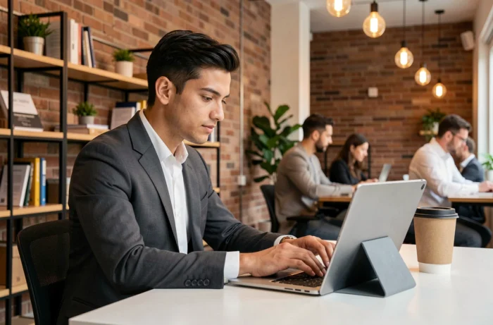 Jeune entrepreneur travaillant sur laptop dans un espace de coworking tendance, illustration des nouvelles pratiques professionnelles 2024