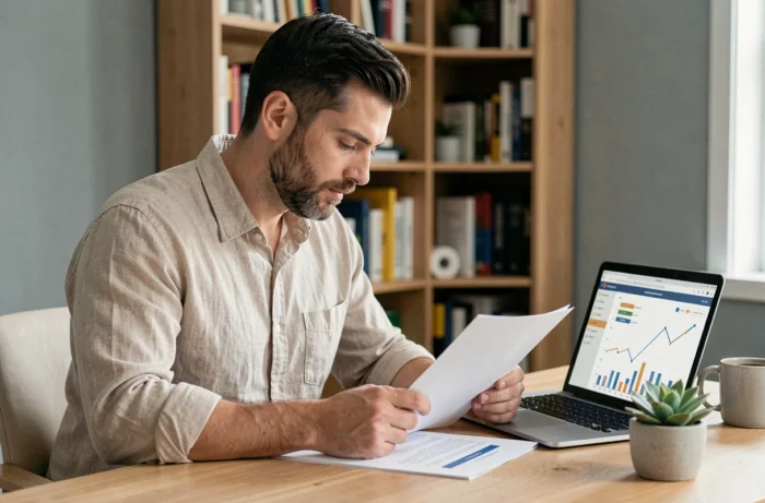Entrepreneur masculin analysant un plan d'affaires dans un bureau à domicile minimaliste et organisé