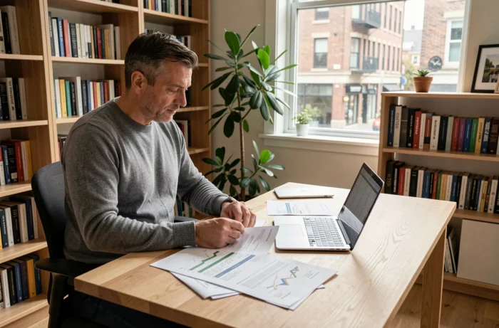 Entrepreneur masculin examinant un plan d'affaires imprimé dans un bureau à domicile