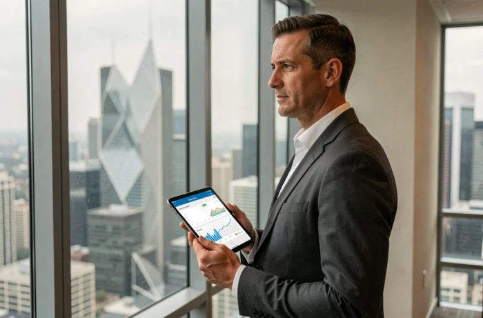 Entrepreneur consultant tenant une tablette avec des indicateurs de performance dans un bureau vitré avec vue sur la ville