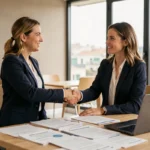 Femme professionnelle serrant la main d'un consultant en recrutement dans une agence d'intérim moderne à Marseille