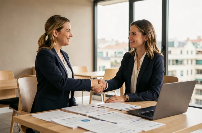 Femme professionnelle serrant la main d'un consultant en recrutement dans une agence d'intérim moderne à Marseille