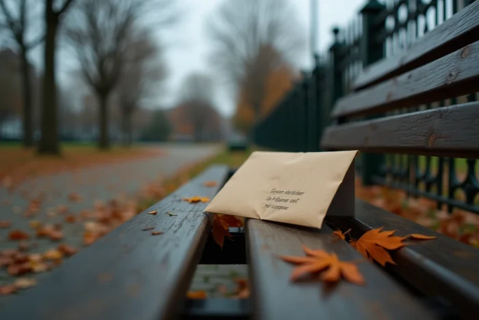 Enveloppe abandonnée sur un banc de parc en automne symbolisant la rupture familiale juridique