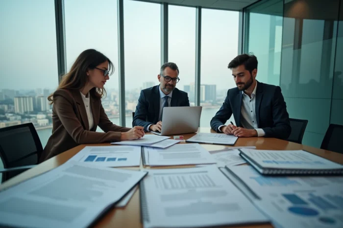 Équipe pluridisciplinaire analysant des documents d'audit qualité et des indicateurs de performance en salle de réunion