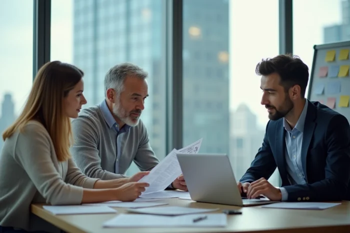 Équipe professionnelle analysant une solution de commande B2B lors d'une réunion en salle de conférence