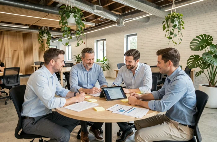 Équipe de dirigeants collaborant autour d'une table lors d'une session de planification stratégique en espace de coworking