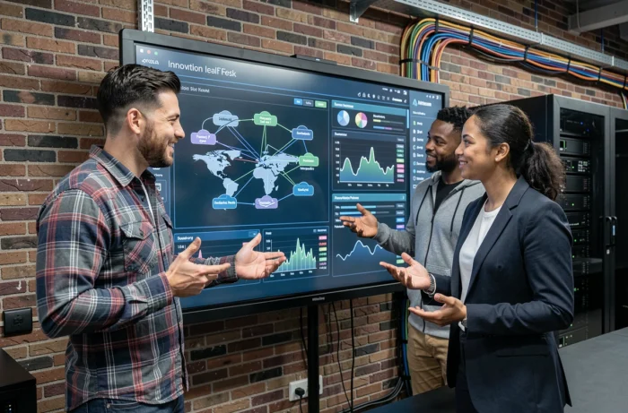 Équipe informatique pluridisciplinaire collaborant devant un écran interactif affichant une infrastructure cloud en entreprise