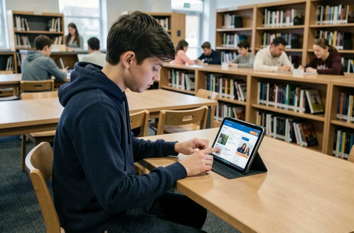 Adolescent utilisant une tablette pour accéder à son espace famille et suivre sa formation en ligne dans une bibliothèque