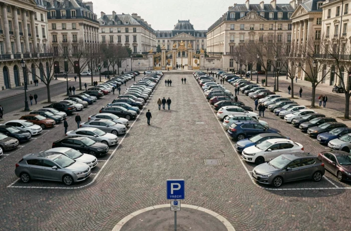 Vue large de l'esplanade de stationnement gratuit face au château de Versailles avec signalétique de parking et touristes